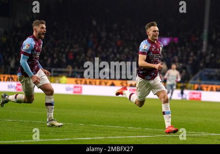 Burnley’s Scott Twine celebrates scoring their side's second goal of the game during the Sky Bet Championship match at Turf Moor, Burnley. Picture date: Friday January 20, 2023. Stock Photo