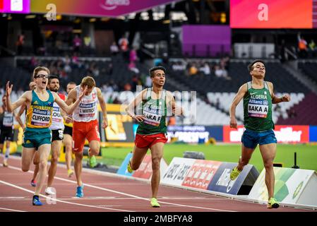 Fouad Baka and Abdellatif Baka finishing in the 2017 World Para Athletics Championships in the Olympic Stadium, London, UK. 1500m T13. Algerian Stock Photo