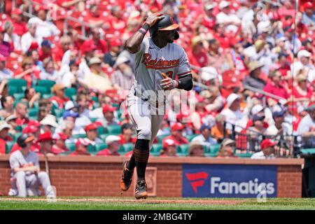 Baltimore Orioles' Jorge Mateo celebrates as he rounds the bases after  hitting a solo home run during the second inning of a baseball game against  the St. Louis Cardinals Thursday, May 12