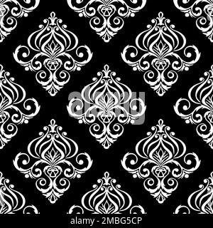 seamless graphic pattern, floral white ornament tile on black background, texture, design Stock Photo