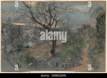 A Hillside Path with Blooming Cherry Trees under an Overcast Sky, 1905. Stock Photo