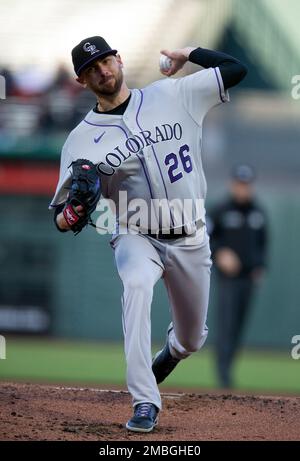 May 4 2022: Colorado pitcher Austin Gomber (26) throws a pitch during the  game with Washington