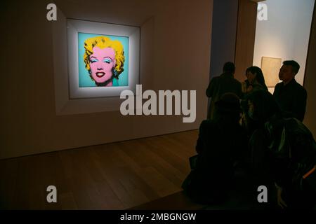 The 1964 painting Shot Sage Blue Marilyn by Andy Warhol is visible in Christie's showroom in New York City on Sunday, May 8, 2022. The auction house predicts the image of Marilyn Monroe will sell for $200 million on Monday, becoming the most expensive 20th-century artwork to sell at auction. (AP Photo/Ted Shaffrey)