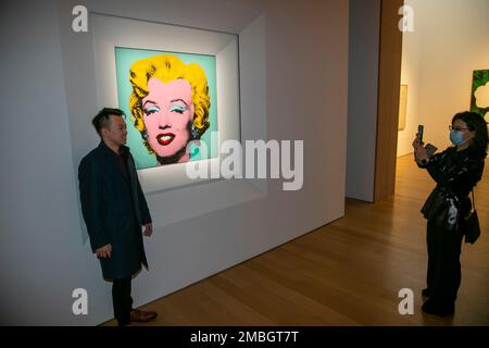 The 1964 painting Shot Sage Blue Marilyn by Andy Warhol is visible in Christie's showroom in New York City on Sunday, May 8, 2022. The auction house predicts it will sell for $200 million on Monday, becoming the most expensive 20th-century artwork to sell at auction. (AP Photo/Ted Shaffrey)