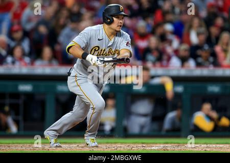 Pittsburgh Pirates first baseman Yoshi Tsutsugo, of Japan, bats during the  second inning of a baseball game against the Miami Marlins, Tuesday, July  12, 2022, in Miami. (AP Photo/Lynne Sladky Stock Photo 