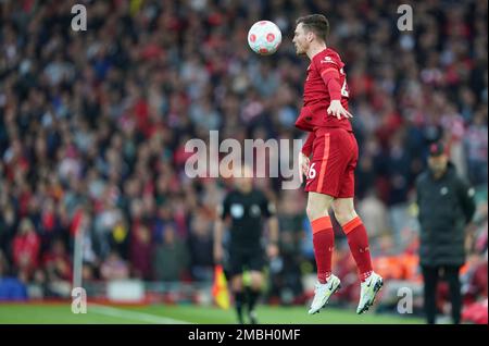 Liverpool's Andrew Robertson heads the ball during the Champions League  final soccer match between Liverpool and Real Madrid at the Stade de France  in Saint Denis near Paris, Saturday, May 28, 2022. (