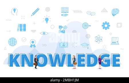 knowledge concept with big words and people surrounded by related icon with blue color style vector illustration Stock Photo