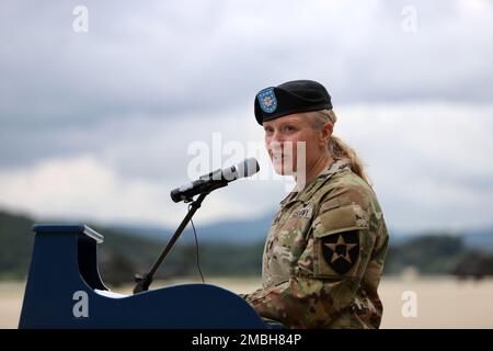 Today, 2-2 Assault Helicopter Battalion, 2nd Combat Aviation Brigade, conducted a change of command. Lt. Col. Bridget Dalziel, the outgoing commander, thanks the brigade leadership and her family for their support during her time in command. Stock Photo