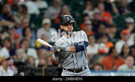 Seattle Mariners' Eugenio Suarez bats against the Cleveland Guardians  during the third inning of a baseball game, Sunday, April 9, 2023, in  Cleveland. (AP Photo/Ron Schwane Stock Photo - Alamy