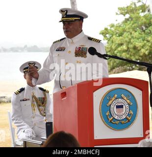 Capt. Jose E. Diaz addresses the audience during the unit's change of command ceremony in San Juan, Puerto Rico June 16, 2022. During the ceremony, Capt. Diaz relieved Capt. Gregory H. Magee as the commander of Sector San Juan. Capt. Diaz will be responsible for leading Coast Guard forces in Puerto Rico and the U.S. Virgin Islands and the oversight of a 1.3 million square nautical mile area of responsibility in the Eastern Caribbean. Coast Guard Photo by Ricardo Castrodad Stock Photo