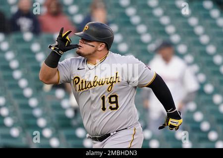 Pittsburgh Pirates' Daniel Vogelbach reacts after a called third strike by  home plate umpire Larry Vanover during the first inning of the team's  baseball game against the Atlanta Braves on Friday, June