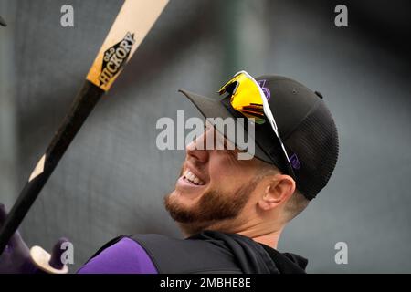 May 4 2022: Colorado first baseman C.J Cron (25) gets a hit during the game  with Washington Nationals and Colorado Rockies held at Coors Field in  Denver Co. David Seelig/Cal Sport Medi(Credit