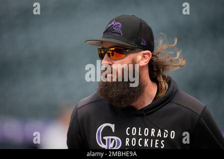 May 3 2022: Colorado right fielder Charlie Blackmon (19) gets a hit during  the game with Washington Nationals and Colorado Rockies held at Coors Field  in Denver Co. David Seelig/Cal Sport Medi