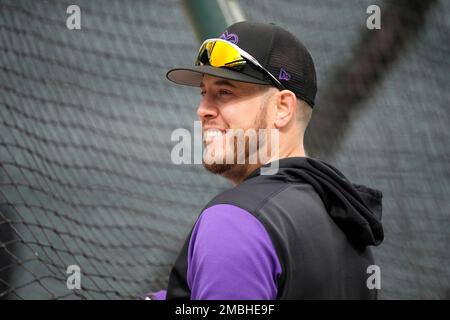 May 4 2022: Colorado first baseman C.J Cron (25) gets a hit during the game  with Washington Nationals and Colorado Rockies held at Coors Field in  Denver Co. David Seelig/Cal Sport Medi(Credit