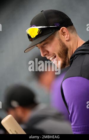 May 4 2022: Colorado first baseman C.J Cron (25) gets a hit during the game  with Washington Nationals and Colorado Rockies held at Coors Field in  Denver Co. David Seelig/Cal Sport Medi(Credit