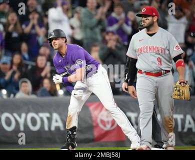 Colorado Rockies first baseman Mike Moustakas celebrates after