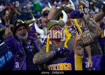 The Minnesota Vikings fan Syd Davy celebrates during the third day of the NFL  draft Saturday, April 30, 2022, in Las Vegas. (AP Photo/John Locher Stock  Photo - Alamy