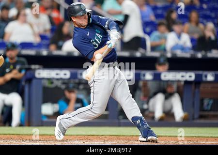 Seattle Mariners' Ty France hits an RBI-single during the third inning of a  baseball game against the San Diego Padres, Tuesday, June 6, 2023, in San  Diego. (AP Photo/Gregory Bull Stock Photo 