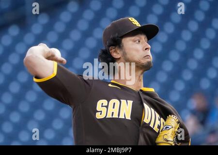 Pittsburgh Pirates' Daniel Vogelbach hits a pitch from San Diego Padres  starter Yu Darvish for a single to drive in Bryan Reynolds during the first  inning of a baseball game, Friday, April