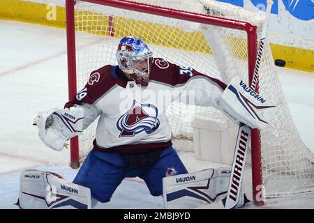 Colorado Avalanche goalie Pavel Francouz (39) loses his helmet during first  period NHL playoff hockey action against the Edmonton Oilers in Edmonton,  Monday, June 6, 2022. THE CANADIAN PRESS/Amber Bracken Stock Photo - Alamy