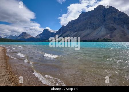 Looking south along the stony shore of pretty Bow Lake in Banff National Park, Alberta towards several peaks of Canada's Rocky Mountains, Alberta Stock Photo