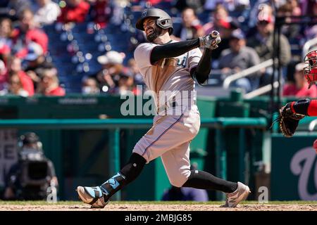 Miami Marlins JJ Bleday (67) bats during a Major League Spring Training  game against the Washington Nationals on March 20, 2021 at FITTEAM Ballpark  of the Palm Beaches in Palm Beach, Florida. (