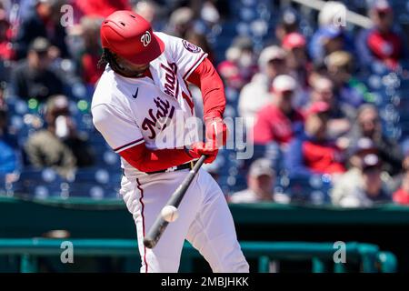 May 3 2022: Washington first baseman Josh Bell (19) hits a homer during the  game with Washington Nationals and Colorado Rockies held at Coors Field in  Denver Co. David Seelig/Cal Sport Medi(Credit