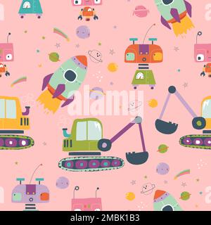 Cartoon Pattern with Robots, Digger,Cosmic Rocket on Pink Background Stock Vector