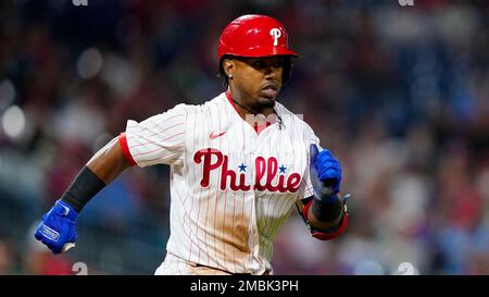 Philadelphia Phillies' Jean Segura celebrates after a home run during a  baseball game, Wednesday, Sept. 7, 2022, in Philadelphia. (AP Photo/Matt  Slocum Stock Photo - Alamy