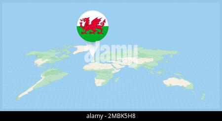 Location of Wales on the world map, marked with Wales flag pin. Cartographic vector illustration. Stock Vector