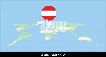 Location of Austria on the world map, marked with Austria flag pin. Cartographic vector illustration. Stock Vector