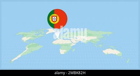 Location of Portugal on the world map, marked with Portugal flag pin. Cartographic vector illustration. Stock Vector