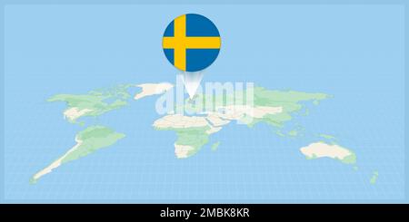 Location of Sweden on the world map, marked with Sweden flag pin. Cartographic vector illustration. Stock Vector