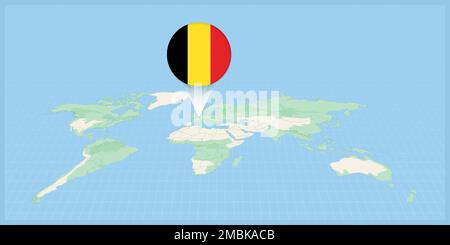 Location of Belgium on the world map, marked with Belgium flag pin. Cartographic vector illustration. Stock Vector
