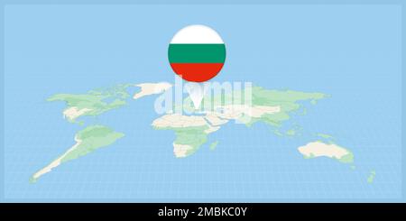 Location of Bulgaria on the world map, marked with Bulgaria flag pin. Cartographic vector illustration. Stock Vector