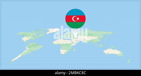 Location of Azerbaijan on the world map, marked with Azerbaijan flag pin. Cartographic vector illustration. Stock Vector