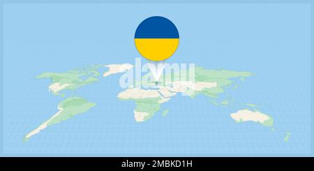 Location of Ukraine on the world map, marked with Ukraine flag pin. Cartographic vector illustration. Stock Vector