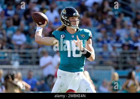 Jacksonville Jaguars quarterback Trevor Lawrence (16) throws a pass during  an NFL International Series game against the Miami Dolphins at Tottenham  Hotspur Stadium, Sunday, Oct. 17, 2021, in London, United Kingdom. The