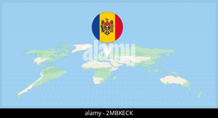 Location of Moldova on the world map, marked with Moldova flag pin. Cartographic vector illustration. Stock Vector