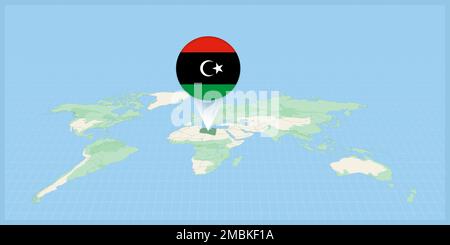 Location of Libya on the world map, marked with Libya flag pin. Cartographic vector illustration. Stock Vector
