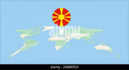 Location of Macedonia on the world map, marked with Macedonia flag pin. Cartographic vector illustration. Stock Vector