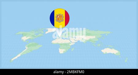 Location of Andorra on the world map, marked with Andorra flag pin. Cartographic vector illustration. Stock Vector