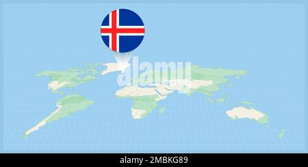 Location of Iceland on the world map, marked with Iceland flag pin. Cartographic vector illustration. Stock Vector