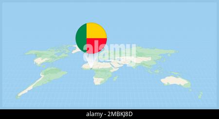 Location of Benin on the world map, marked with Benin flag pin. Cartographic vector illustration. Stock Vector
