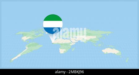 Location of Sierra Leone on the world map, marked with Sierra Leone flag pin. Cartographic vector illustration. Stock Vector