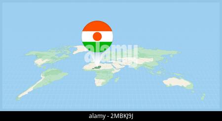 Location of Niger on the world map, marked with Niger flag pin. Cartographic vector illustration. Stock Vector