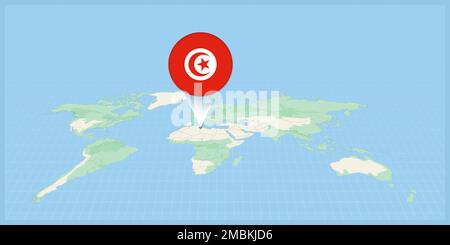Location of Tunisia on the world map, marked with Tunisia flag pin. Cartographic vector illustration. Stock Vector
