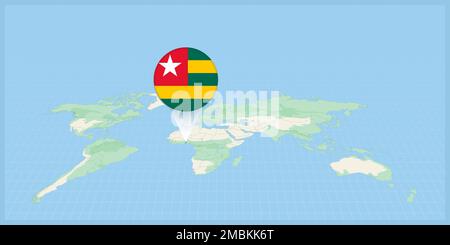 Location of Togo on the world map, marked with Togo flag pin. Cartographic vector illustration. Stock Vector