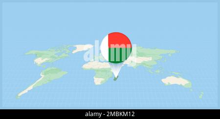 Location of Madagascar on the world map, marked with Madagascar flag pin. Cartographic vector illustration. Stock Vector