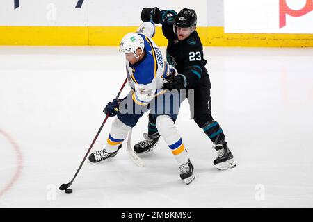 St. Louis Blues center Dakota Joshua (54) faces off against Dallas Stars  left wing Riley Tufte (27) during the second period of an NHL hockey game  on Friday, Dec. 17, 2021, in